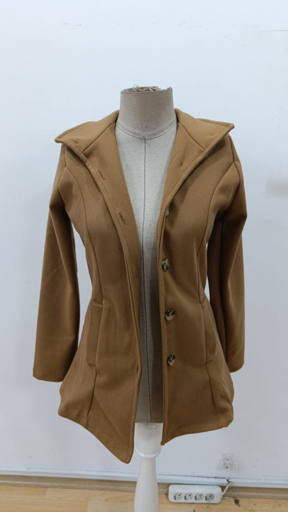 Women's Long-Sleeved Collared Button-Front Unlined Imported Wool-Blend Coffee Coat