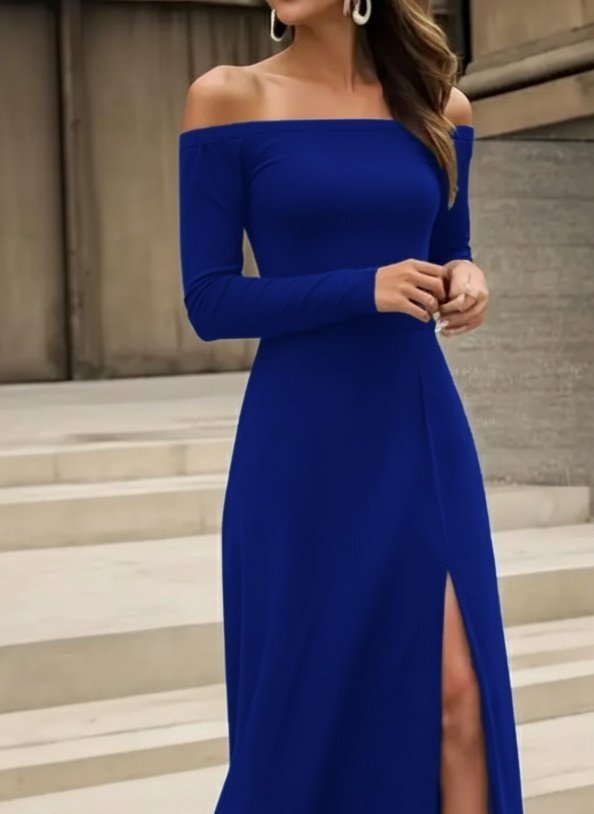 Women's Long-Sleeved Madonna Neck Slit Detail Long Imported Crepe Dress