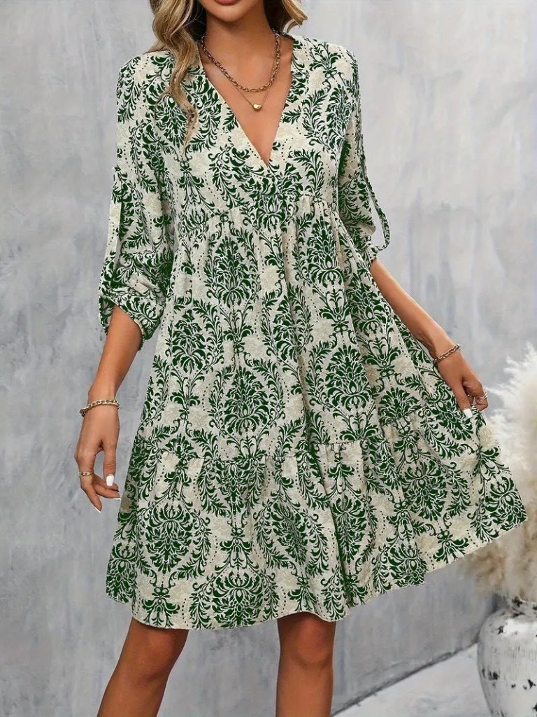 Women's Long-Sleeved V-Neck Ruffle Mini Jersey Dress