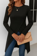 Women's Long Sleeve Crew Neck Front Cross-Cut Detail Midi Viscose Blouse