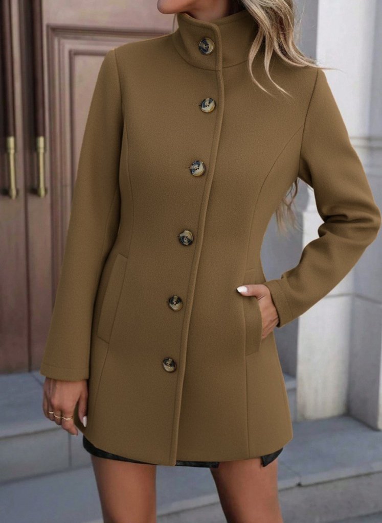 Women's Long-Sleeved Collared Button-Front Unlined Imported Wool-Blend Coffee Coat