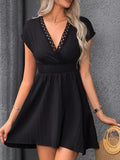 Women's Short Sleeve Wrap Neck Elastic Waist Crepe Dress