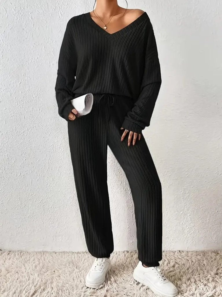 Women's Long Sleeve V-Neck Ribbed Blouse and Pants Two-Piece Set