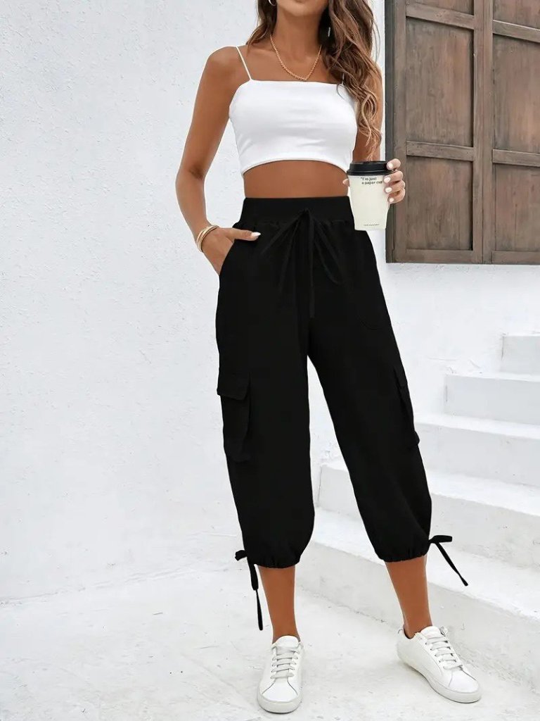 Women's High Waist Elasticated Waist Drawstring Pocketed Cargo Viscose Two-Thread Trousers
