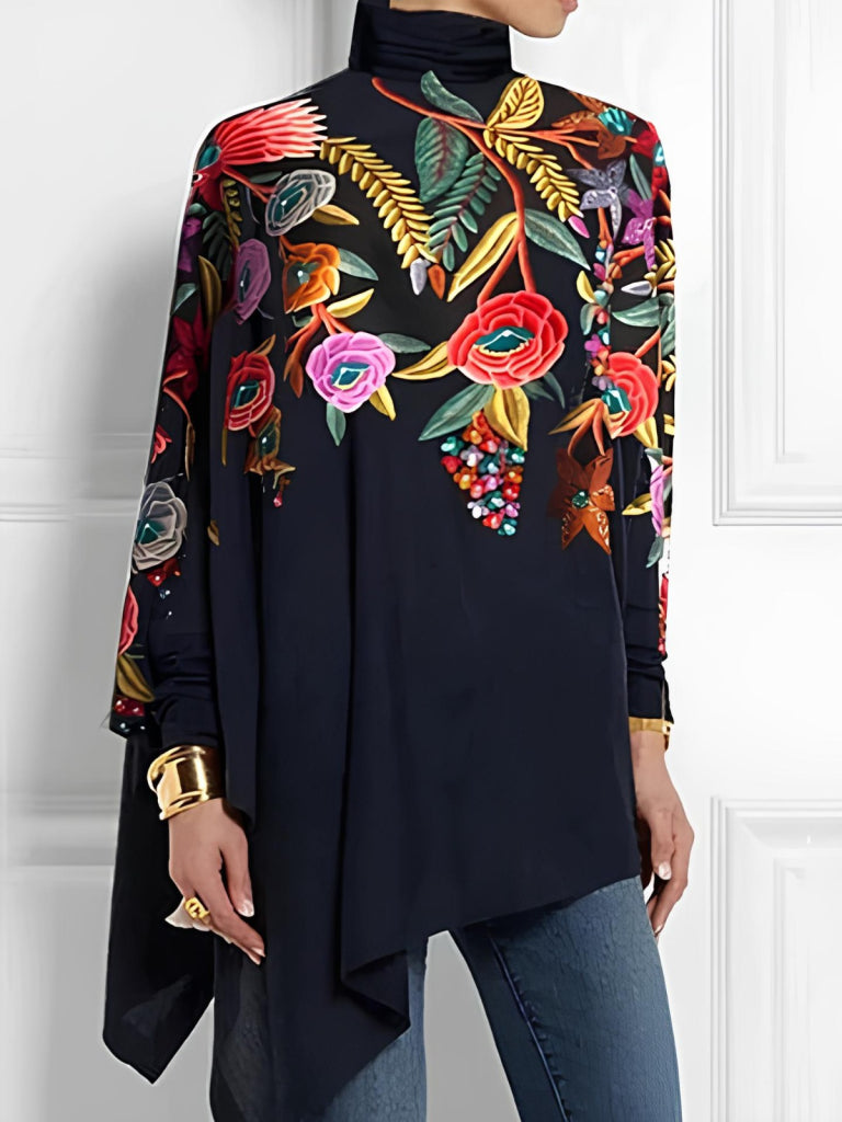 Women's Long Sleeve Turtle Neck Asymmetrical Cut Micro Blouse