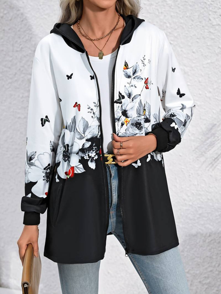 Women's Long Sleeve Hooded Zippered Floral-Butterfly Patterned Brushed Scuba Jacket