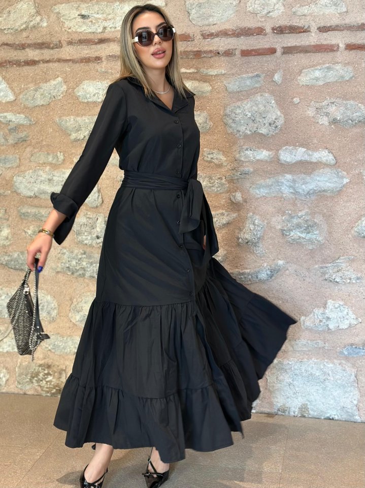 Women's Long Sleeve Ruffle Skirt Belted Tricot Full Length Shirt Dress