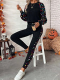 Women's Long-Sleeved Crew Neck Patterned Viscose Two-Thread Blouse and Trousers Two-Piece Set