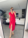 Women's V-Neck Button Detail Dress with Belt