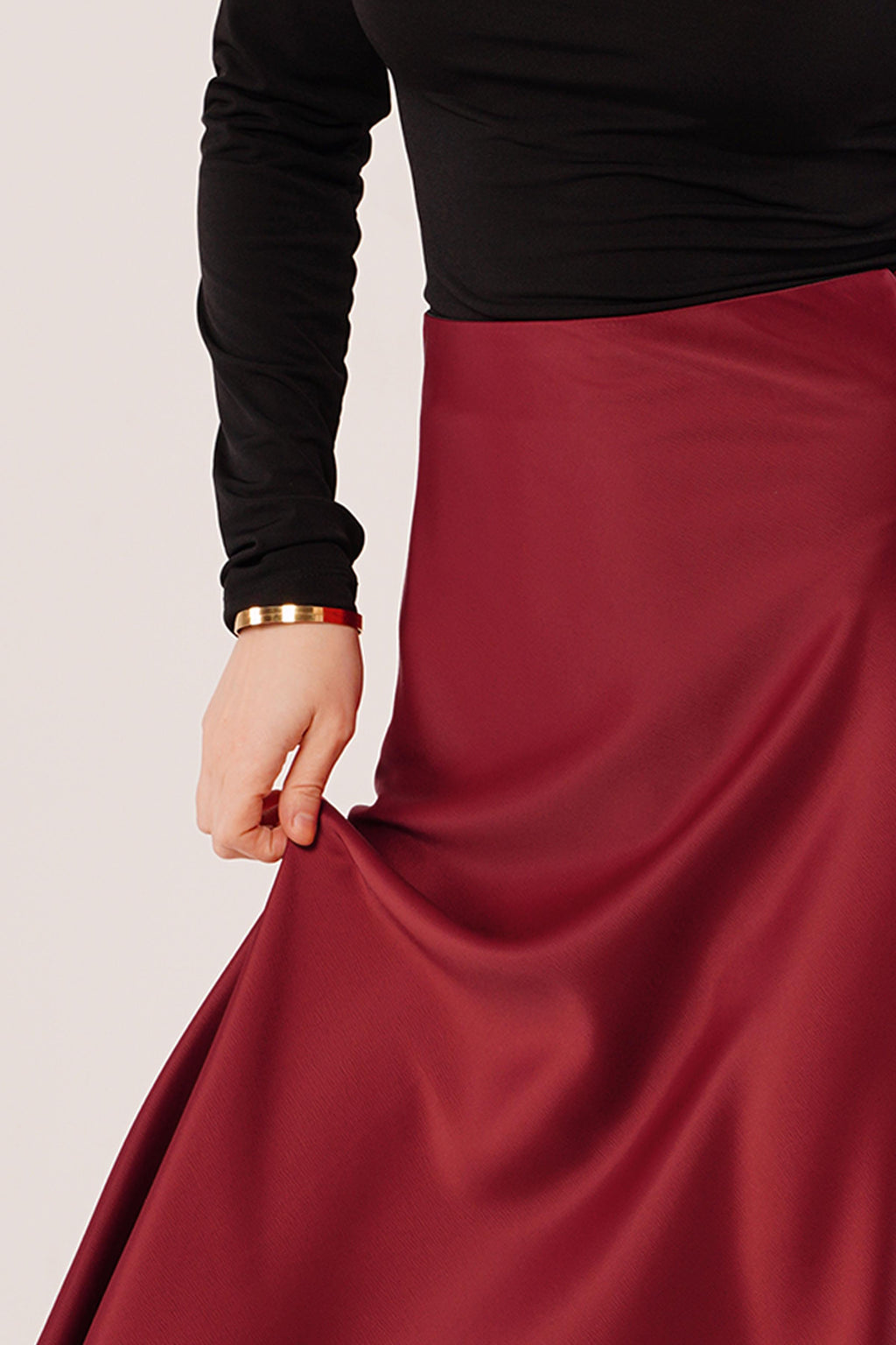 Bell-Cut Midi Burgundy Satin Skirt