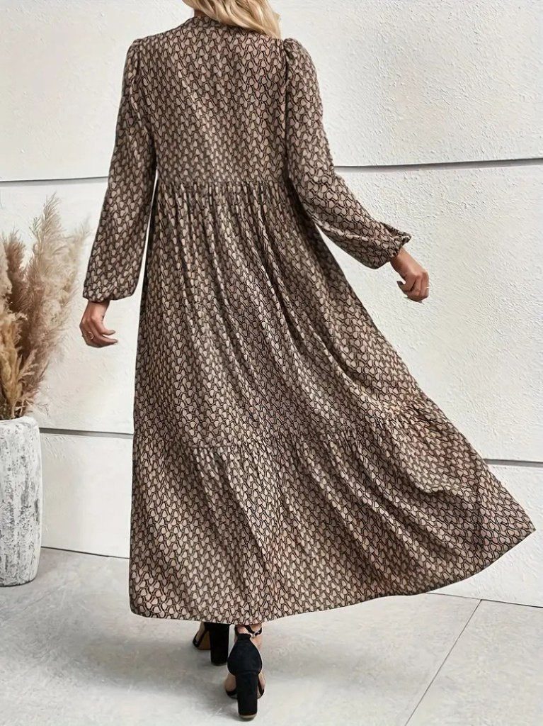 Women's Long Sleeve Stand Collar Buttoned Beltless Patterned Maxi Supreme Dress