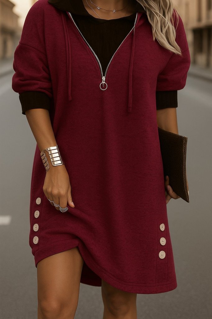 Women's Long Sleeve Hooded Front Zip Buttoned Mini Two Thread Dress