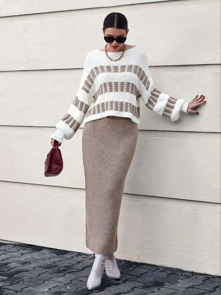 Women's Long Sleeve Boat Neck Loose Knit Blouse and Skirt Two Piece Set