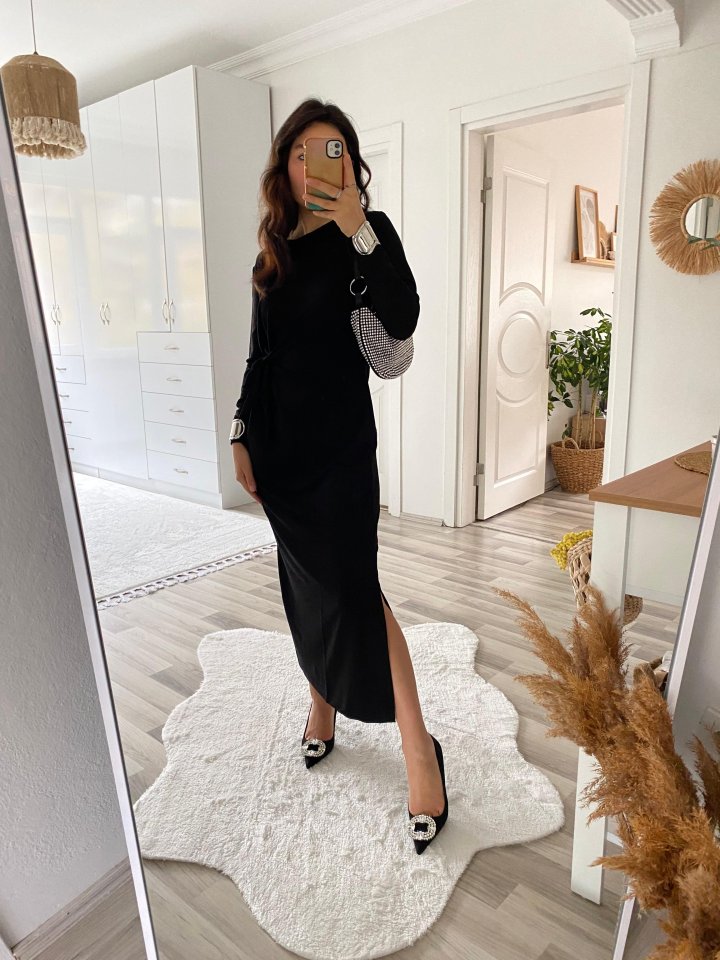 Women's Long Sleeve Crew Neck Cross-Tie Waist Side Slit Long Viscose Two-Thread Dress