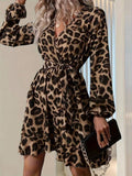 Women's Long Sleeve Wrap V-Neck Belted Crossover Cutout Leopard Modal Mini Dress