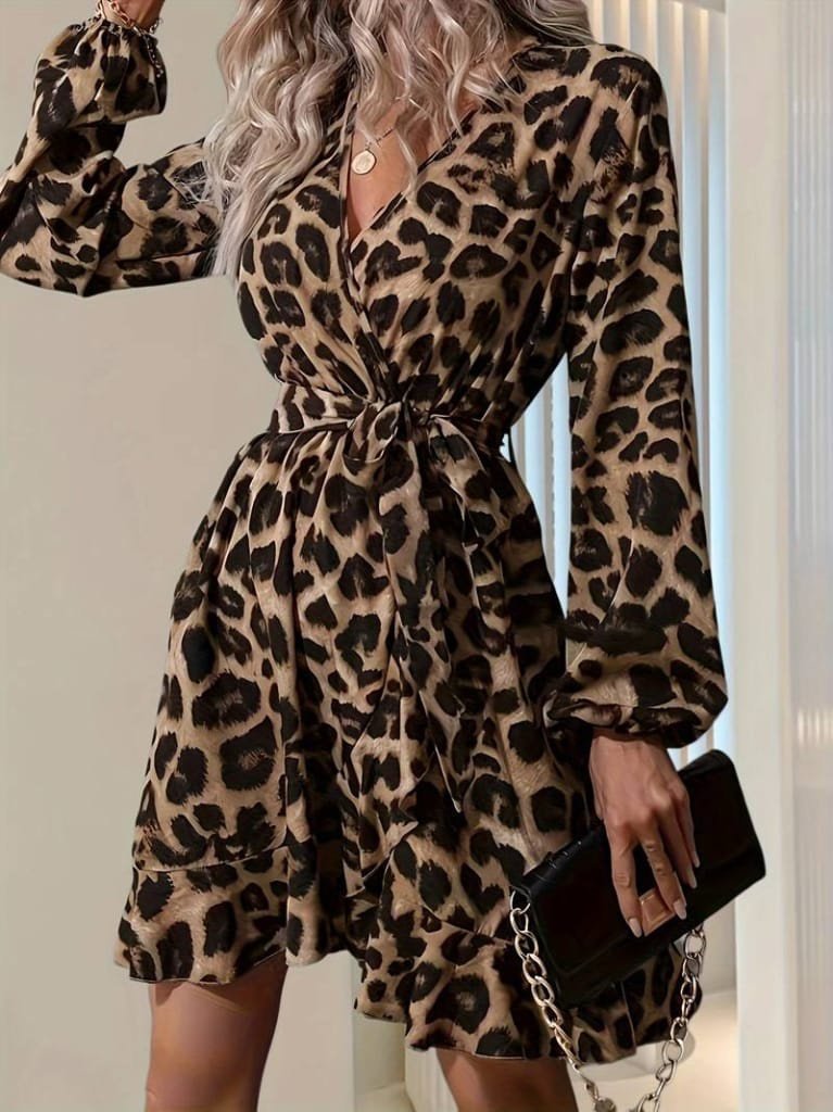 Women's Long Sleeve Wrap V-Neck Belted Crossover Cutout Leopard Modal Mini Dress