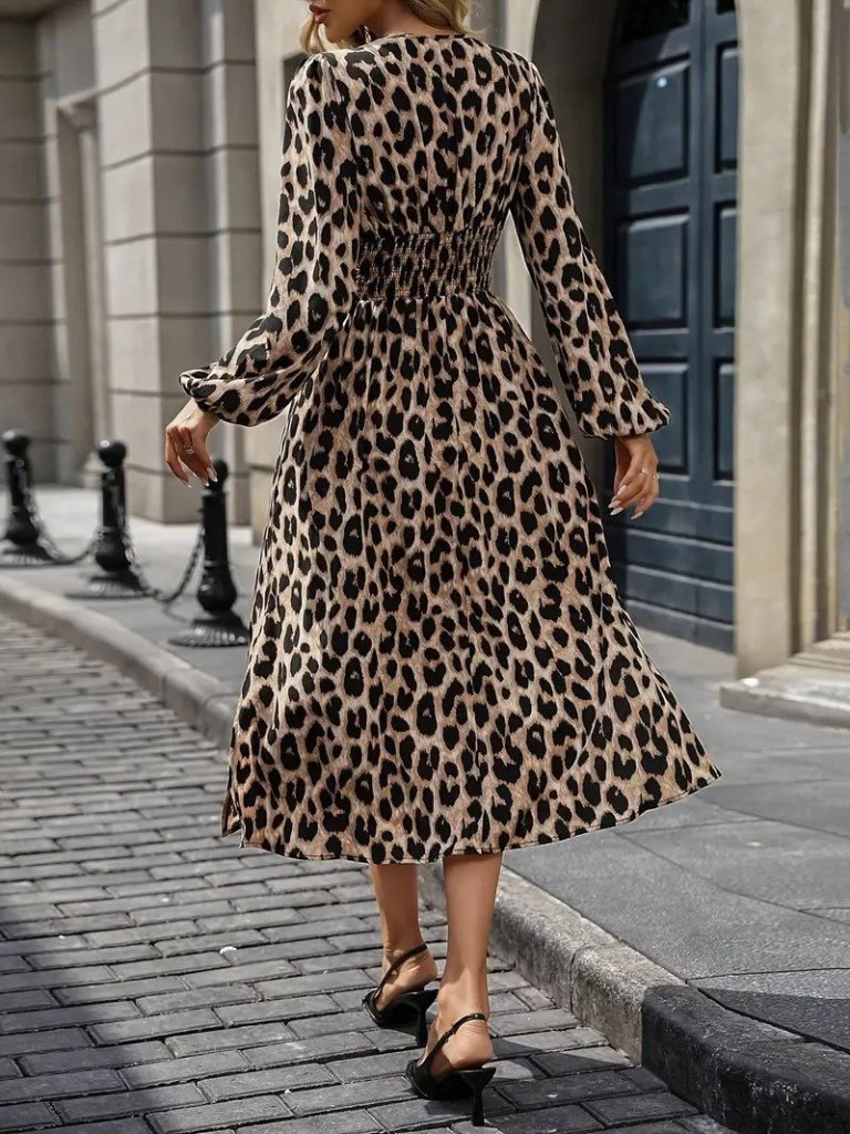 Women's Long Sleeve Wrap V-Neck Fitted Waist Midi Modal Leopard Print Dress