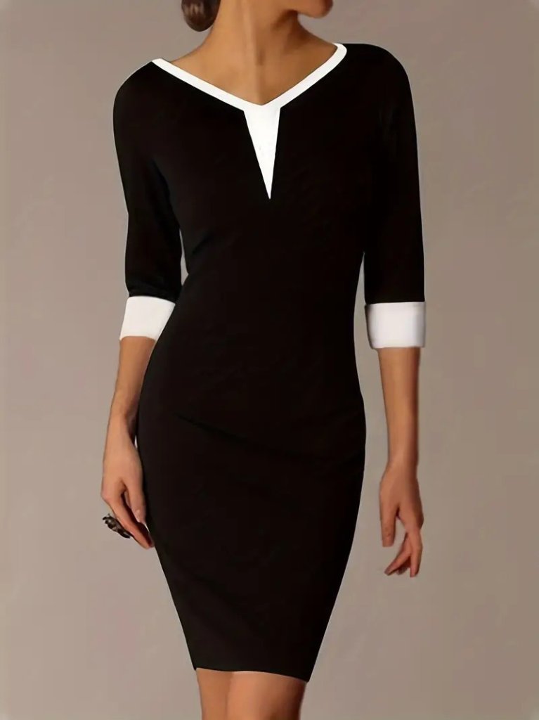 Women's Truvakarkol V-Neck Color Block Short Janjan Crepe Dress