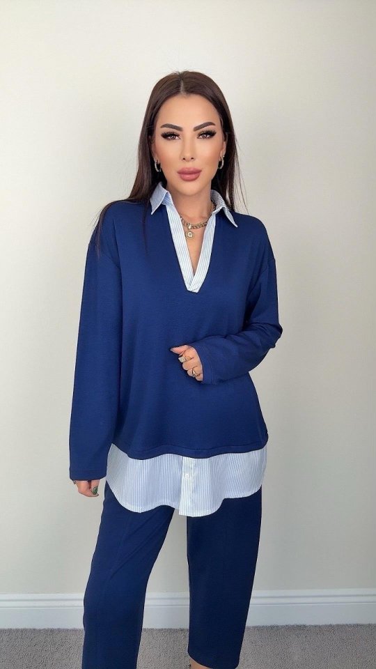 Polo Collar Shirt Detailed Loose Balloon Trousers Two-Piece Set
