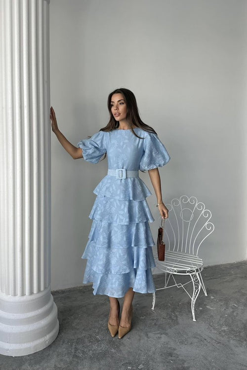 Baby Blue Tiered Balloon Sleeve Belted Dress