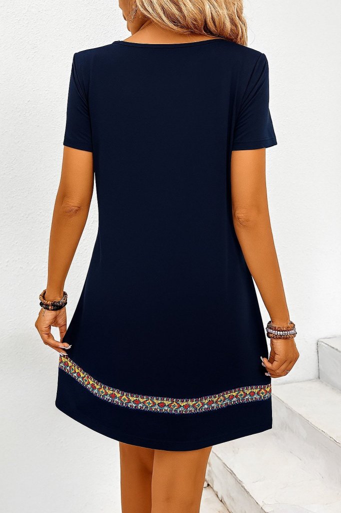 Women's Short Sleeve V-Neck Viscose Dress with Ethnic Pattern Stripe Detail
