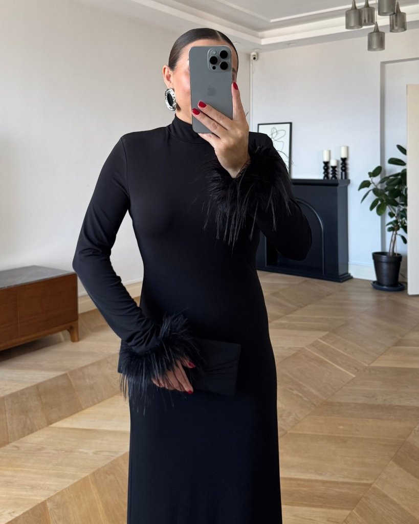 Women's Long-Sleeved Turtleneck Long Crepe Dress with Feather Detail on Cuffs