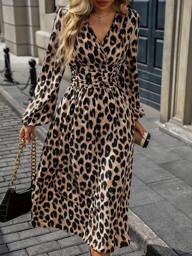 Women's Long Sleeve Wrap V-Neck Fitted Waist Midi Modal Leopard Print Dress