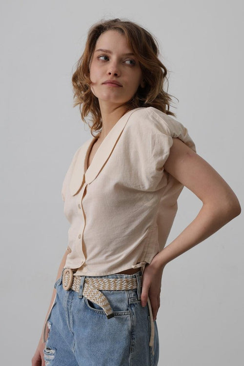 Baby Collar Side Tie Blouse - Stone