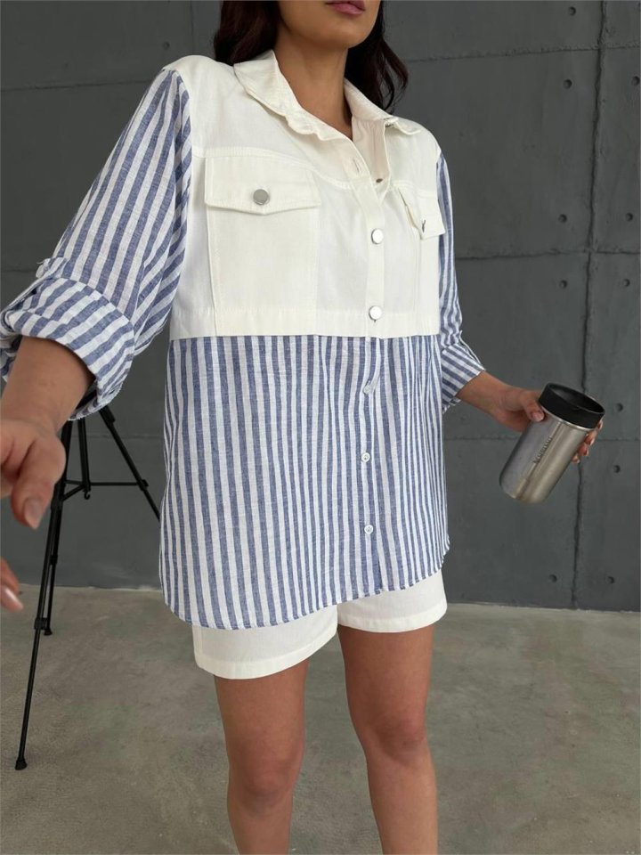GABARDINE SHORTS - GABARDINE - STRIPED LINEN TRIMMED JACKET SUIT - Navy Blue