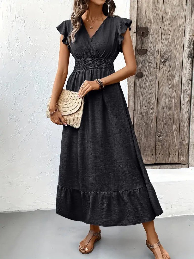 Women's Short Butterfly Sleeve Wrap Neck Elastic Waist Aerobin Dress