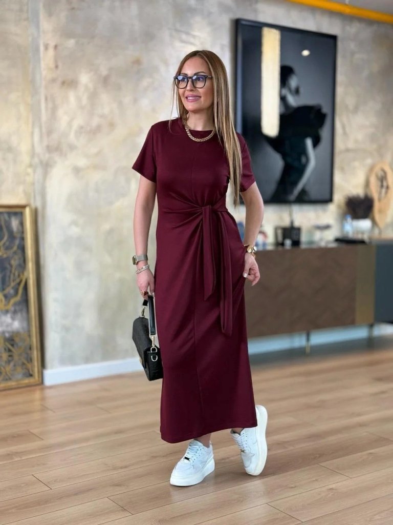 Women's Short-Sleeved Crew Neck Side Tie Viscose Two-Thread Dress