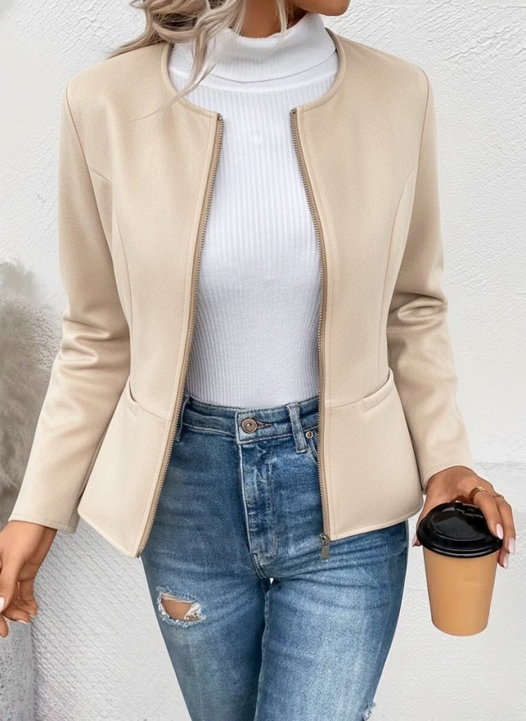 Women's Long Sleeve Round Neck Front Zip Suede Jacket