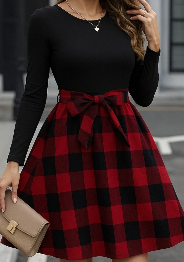 Women's Long Sleeve Crew Neck Top Viscose Bottom Plaid Short Dress
