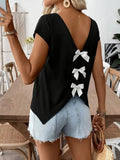 Women's Short Sleeve V-Neck Viscose Blouse with Back Ribbon Detail