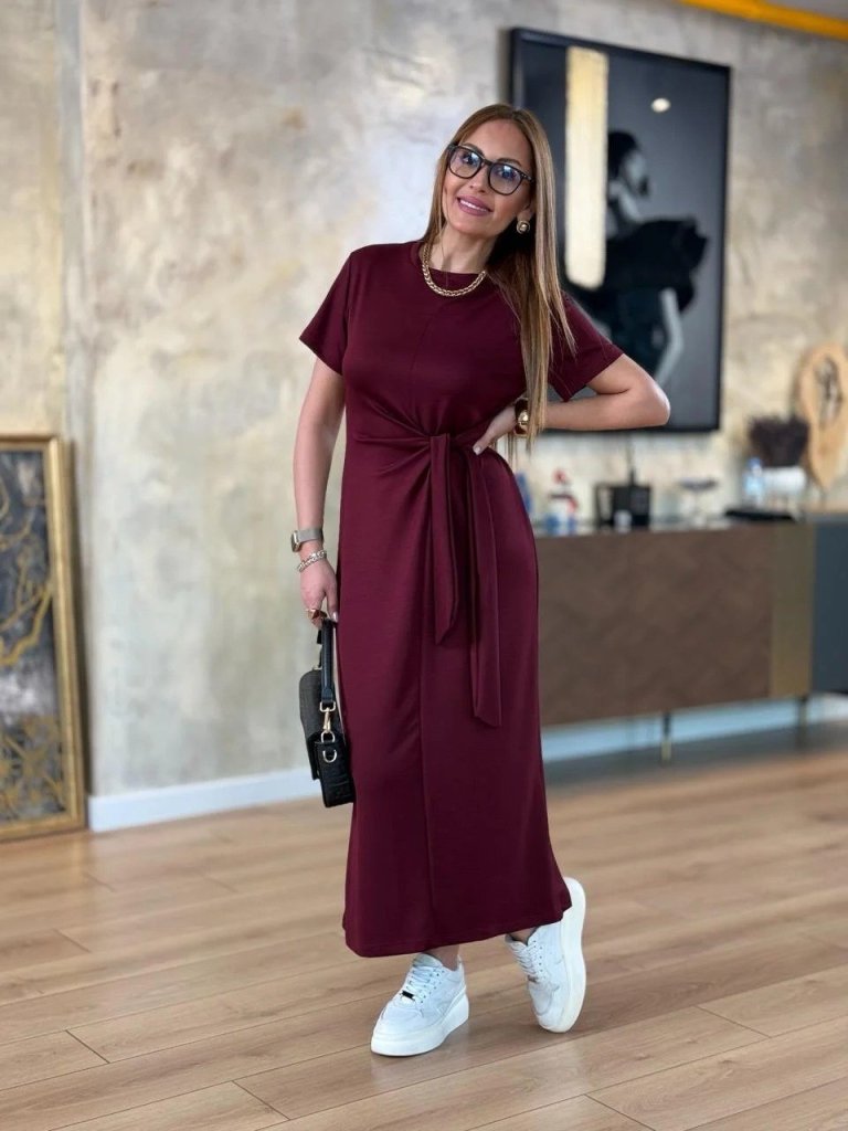 Women's Short-Sleeved Crew Neck Side Tie Viscose Two-Thread Dress