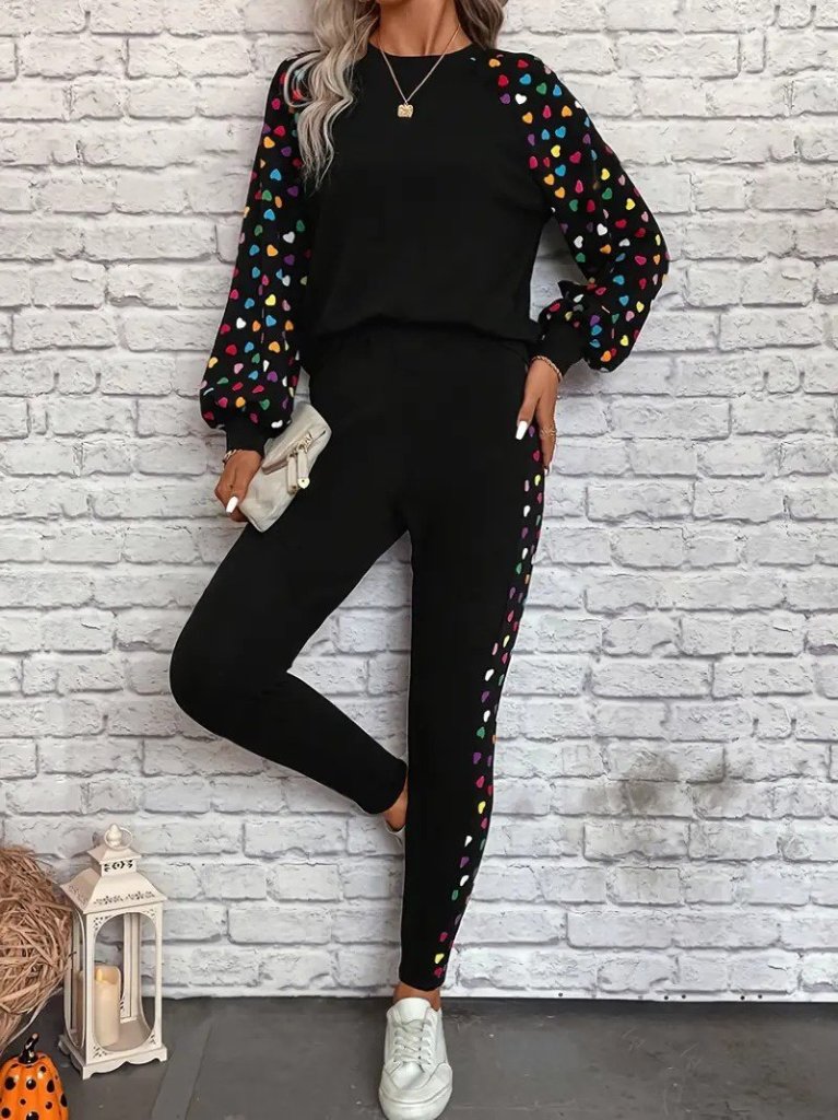 Women's Long-Sleeved Crew Neck Patterned Viscose Two-Thread Blouse and Trousers Two-Piece Set