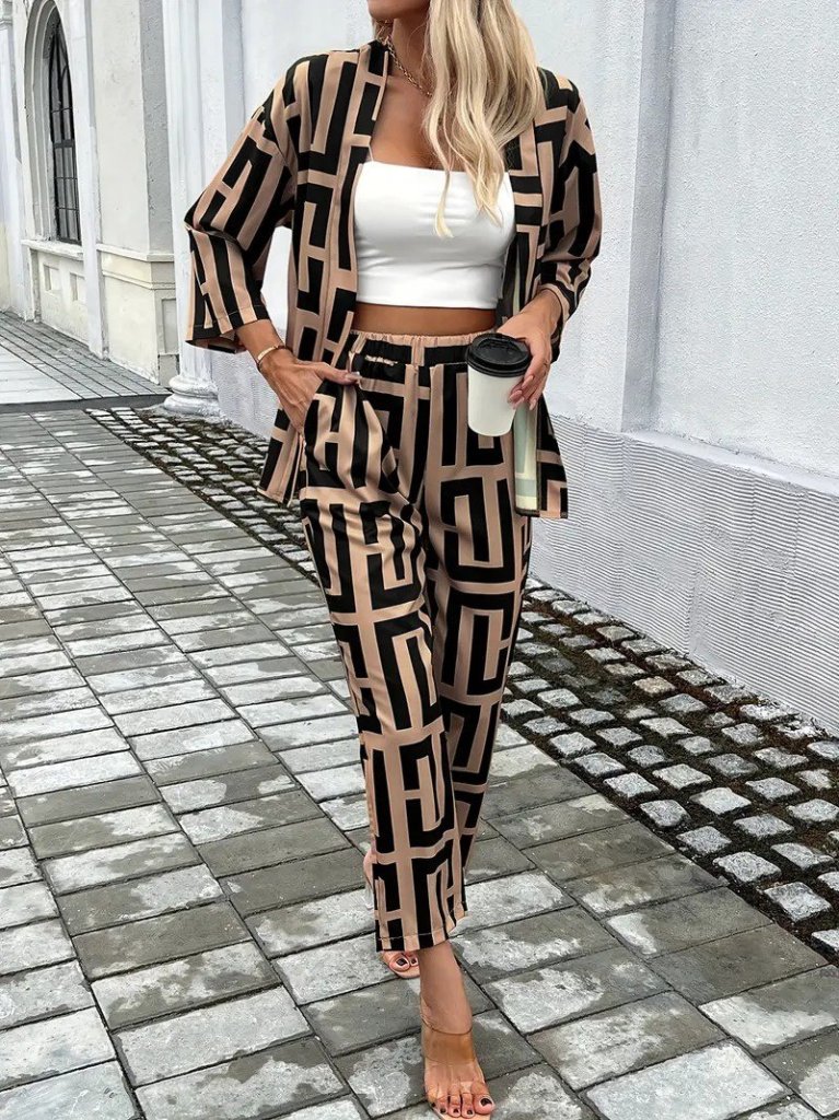 Women's Long Sleeve Open Front Patterned Double-Thread Jacket and Pants Two-Piece Set