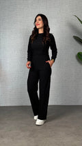 Women's Long Sleeve Crew Neck Crinkle Blouse and Pants Two-Piece Set