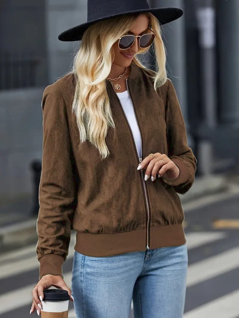 Women's Long Sleeve Front Zip Suede Jacket