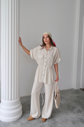 LINEN SHIRT AND TROUSERS SET WITH ELASTICATED WAIST - Stone