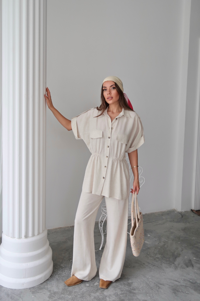 LINEN SHIRT AND TROUSERS SET WITH ELASTICATED WAIST - Stone
