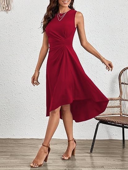 Women's Sleeveless Crew Neck Gathered Asymmetrical Hem Shimmer Crepe Dress