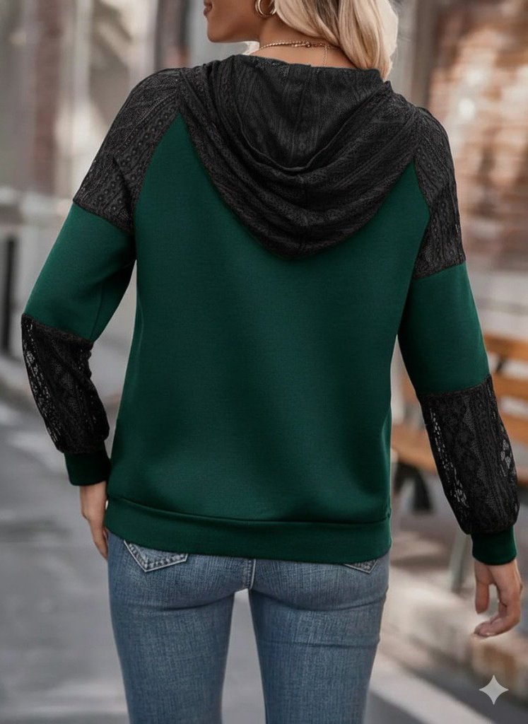 Women's Long Sleeve Lace Hooded Viscose Two-Thread Blouse