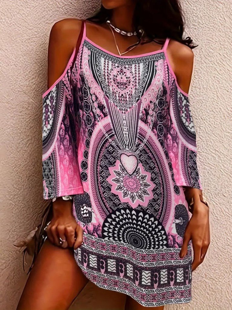 Women's Strapless Off-the-Shoulder Three-Quarter Sleeve Patterned Short Supra Dress