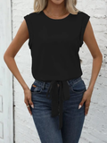 Women's Short Sleeve Hem Tie Detail Sleeveless Imported Crepe Blouse