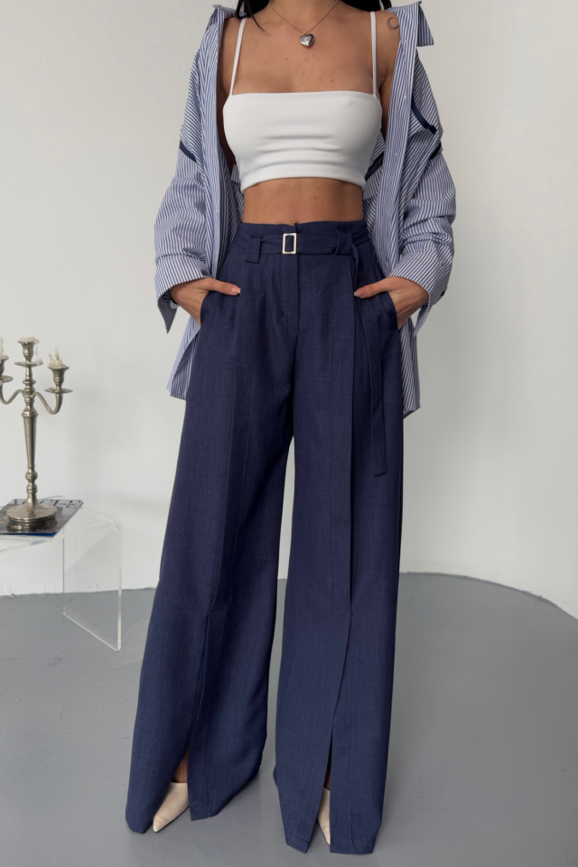 LOOSE-FIT TROUSERS WITH FRONT SLIT DETAIL AND WAIST BELT - Navy Blue