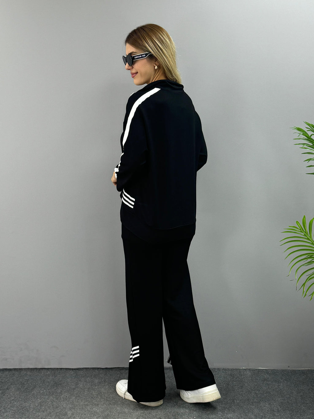 Women's Ribbed Polo Neck Two-Piece Set with Slit Hem