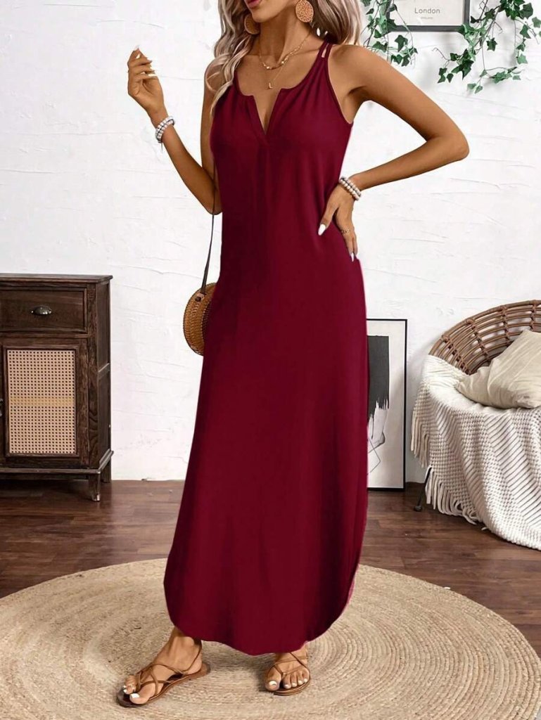 Women's Viscose Round Neck Asymmetrical Detail Strap Dress
