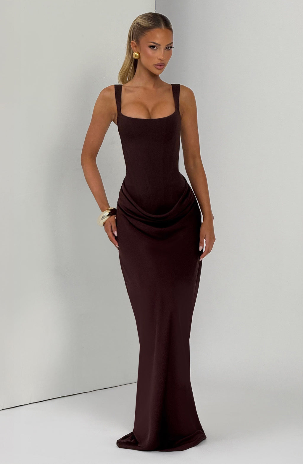 Kadın Trend Aura Saten Pileli Etek Detaylı Dokuma Krep Maxi Elbise
