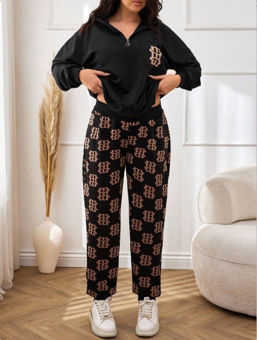 Women's Long Sleeve Two-Thread Fabric Zipper and Pocket Detail Hooded Two-Piece Set